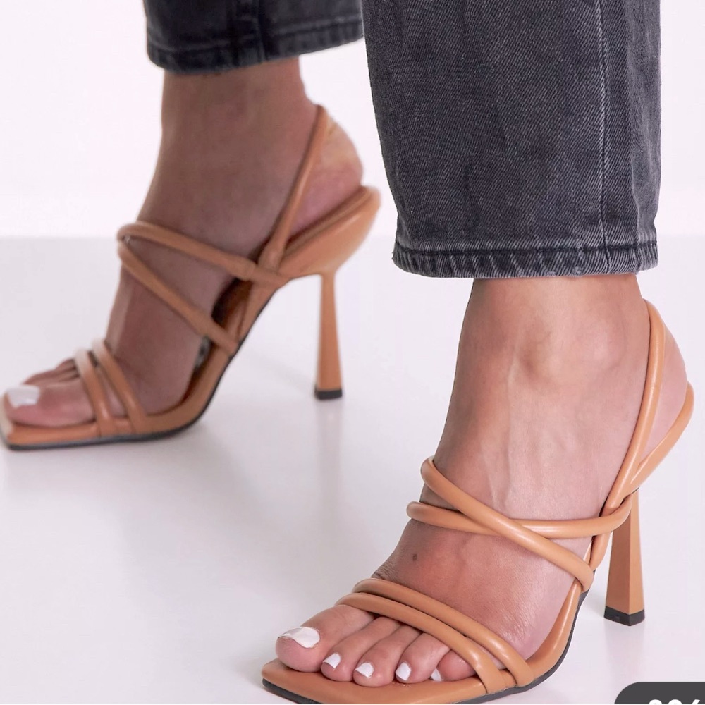 ASOS DESIGN strappy heeled sandals in camel, size 11